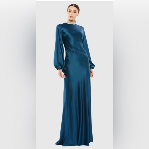 Dresses & Skirts - MWT IENNA Mac Duggal Blue Beaded High Neck Bishop Sleeve Satin Gown Size 14